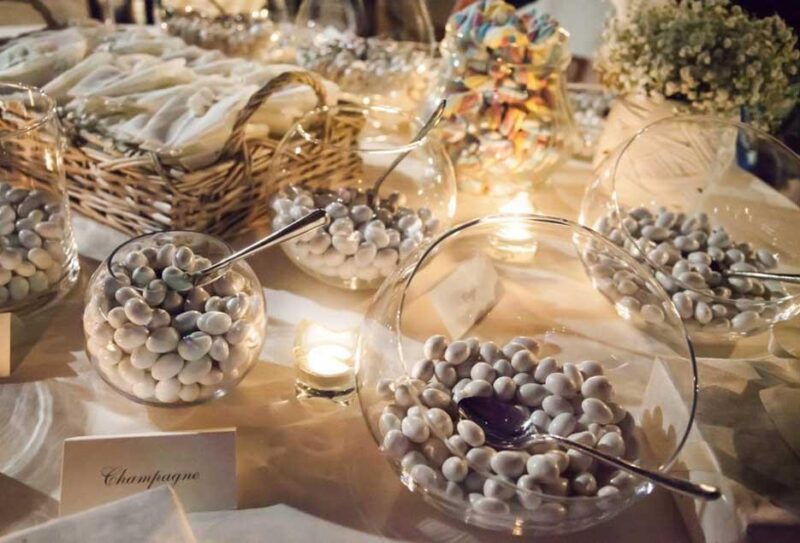 wedding candy bar with white italian jordan almonds