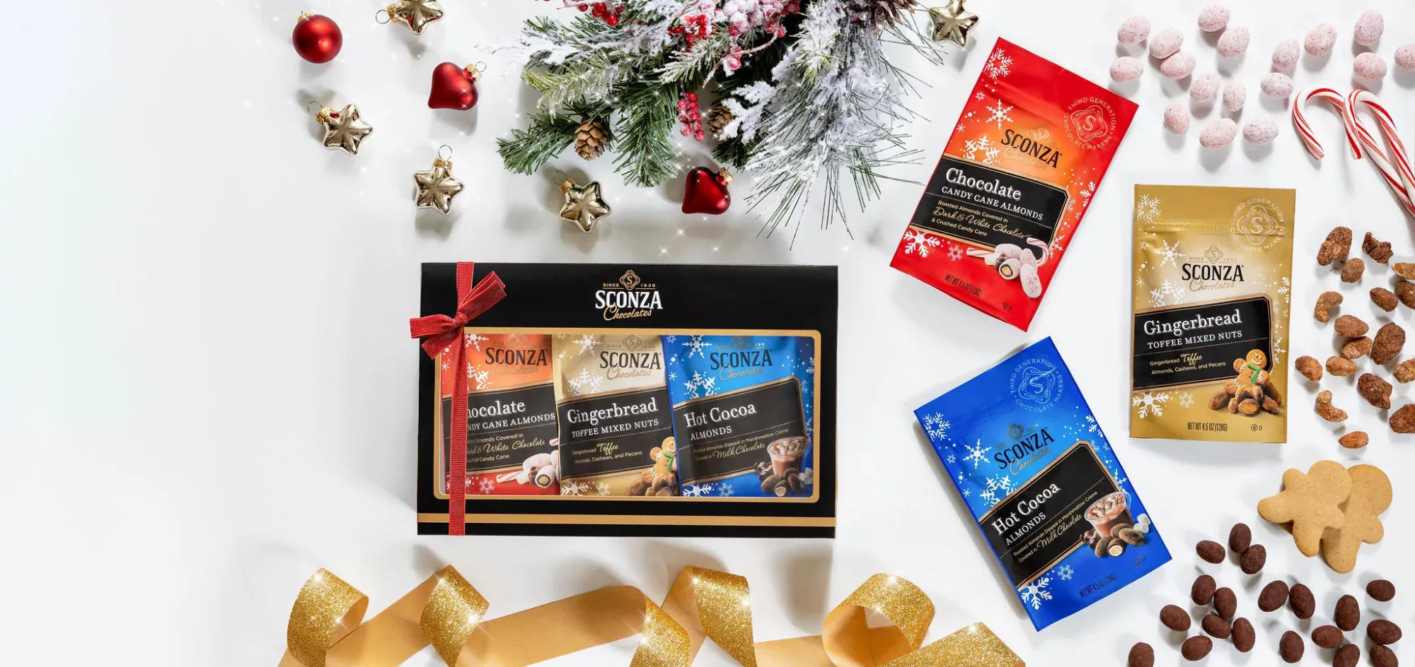 Sconza Chocolates holiday assortment featuring candy cane almonds, gingerbread mixed nuts & hot cocoa almonds.